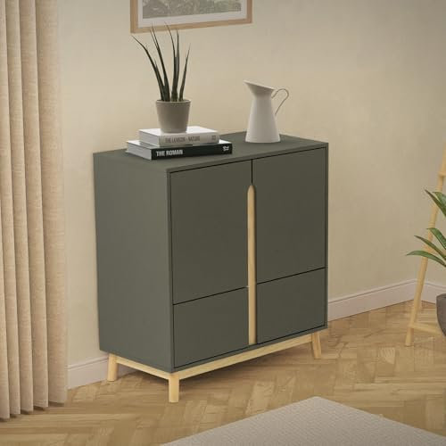 ML-Design Sideboard 80x40x86 cm, Grün-Natur, Kommode mit 4 Türen und Kiefernholzfüßen, Küchenschrank mit 4 Fächer, Highboard Anrichte Standschrank Buffet, Aufbewahrungsschrank für Wohnzimmer & Flur