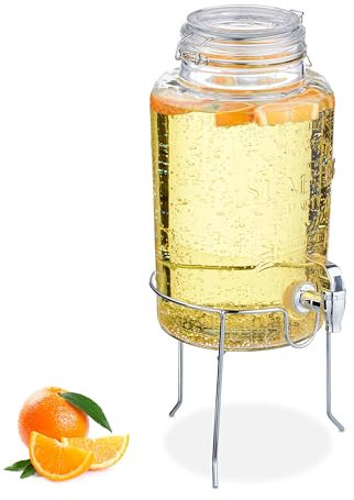 Relaxdays Getränkespender mit Ständer, Limobehälter 5 L, Zapfhahn, Wasserspender, Glas, Bügelverschluss, transparent