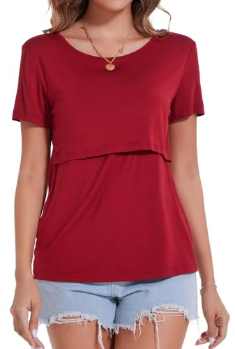 Sosolism amningstoppar sommar kortärmade amningströjor kvinnor söt elegant postpartum amning vid bröstet t-shirts, Vinröd, XL