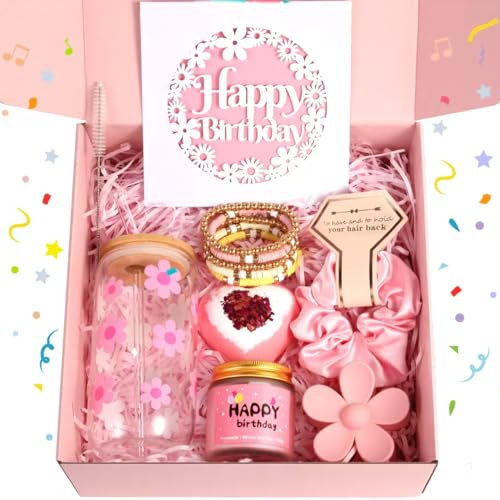 Teenage Girls Gifts, 7PCS Cute Gifts with Tasks, Trendy Preppy Stuff for Teen Girls, Christmas, Cute Daisy Aesthetic Glass Cups Gift Set Pink
