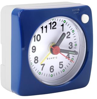 Small Travel Alarm Clock with Snooze Nightlight Silent Analogue Non Ticking | Bedside No Tick Quiet Large Display Mini Alarm Clock for Heavy Sleepers, Glow in the Dark, 6cm (Blue)