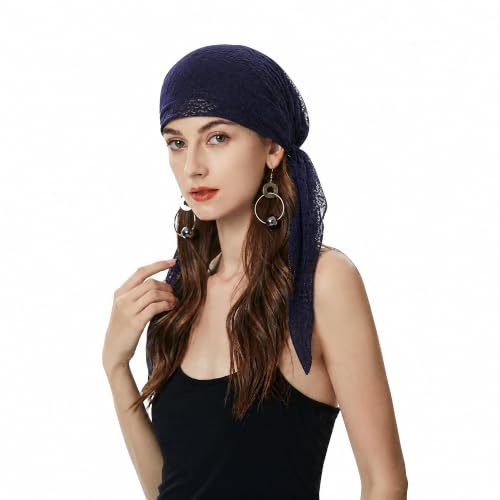 ZLYC Chemo Headwear Pre Tied Head Scarf Headwraps Lightweight Beanie Hat for Women(Double-layer Lace Navy),One Size