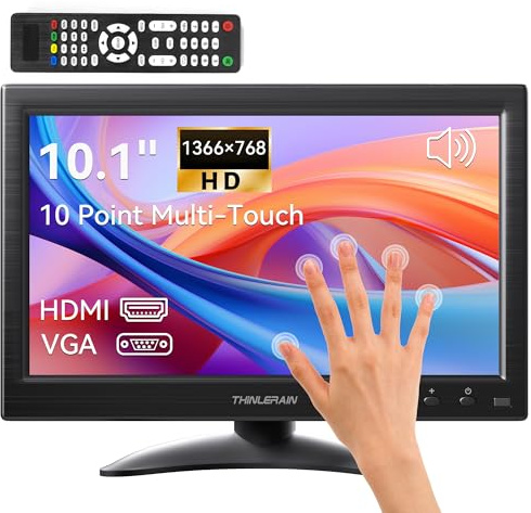 Thinlerain Mini monitor da 10,1 pollici, 1366 x 768 LED, 16:9, schermo touch screen a LED, mini monitor (HDMI/VGA/BNC/AV/Speaker/VESA) per PC, Kitchen, Fire Stick, Computer, Raspberry Pi, Windows 7/8