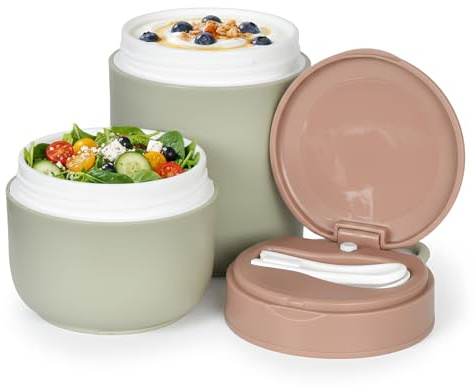 Colexy Taza Desayuno, Taza Desayuno Portátil con Cuchara, Fiambrera de Desayunos, Ollas de Yogur, Doble Capa Tazas de Cereales para Yogur, Avena y Comida al Aire Libre (Verde)