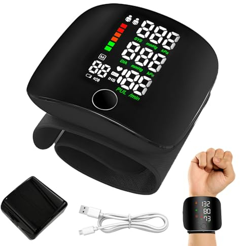 Tensiometro de Muñeca, Monitores de Presion Arterial con Pantalla LCd Grande, Brazalete Ajustable, Memoria 2 Usuarios, Tensiómetro Automático para Muñeca, Negro, 13.5-19.5 cm