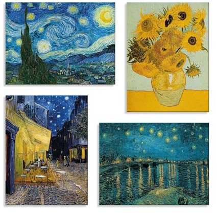 LuxHomeDecor Set 4 Quadri 40x30 cm - Stampa su Tela con telaio in legno - Vincent V. Gogh – Notte Stellata, Girasoli, Terrazza del Caffè, Notte sul Rodano