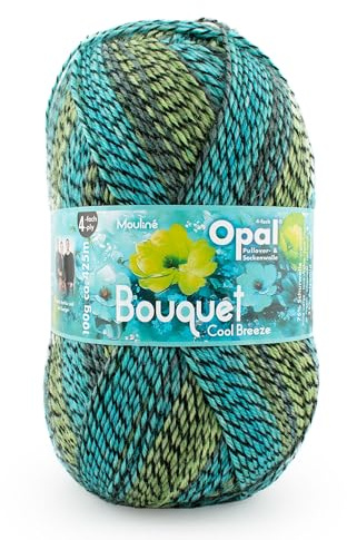 Opal Bouquet Mouliné Sockengarn, 4-fach, 75% Schurwolle Superwash, 25% Polyamid, 425m Lauflänge, 100g Knäuel (11684 Cool Breeze)