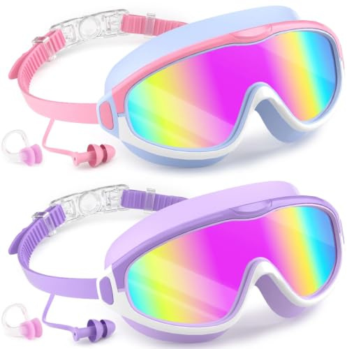 COOLOO Kids Swimming Goggles 4-16, 2 Pack Wide View No Leaking Kids Goggles | Waterproof, Anti-fog & Anti-UV, for Girl Boys Youth