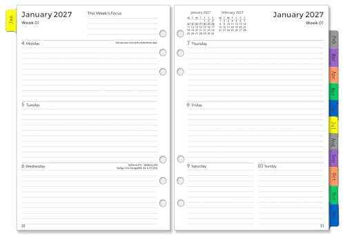YHH 2027 dagbok påfyllning A5 storlek 6 hål, vecko- och månadsplaneringsinlägg, vecka på 2 sidor med flikar, lösenord, anteckningar och kontakt, jan-dec 2027 årskalender, kompatibel med Filofax A5