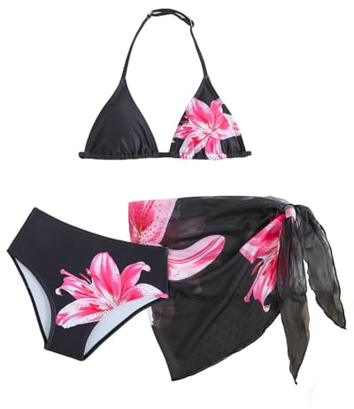 Maillot de Bain Enfant Fille 3 Pièces Haut Bikini Triangle Floral Slip et Jupe Natation Imprimé Tropical Floral Plage Océan Piscine Natation Sport Bikini Tenue de Plage et Piscine pour Filles 7–12 Ans