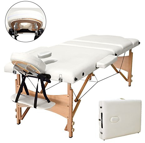 Vesgantti Portable Massage Bed Table - 3-Section Foldable Beauty Couch for Reiki Therapy Treatment Salon Healing - Metal Headrest Support/Carry Bag (Beige White)