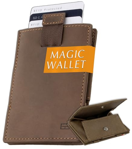 GARZINI Portafoglio Magico - in vera pelle, sottile e minimalista Magic Wallet da uomo con sistema di blocco RFID, custodia per le carte, linguetta di estrazione e portamonete