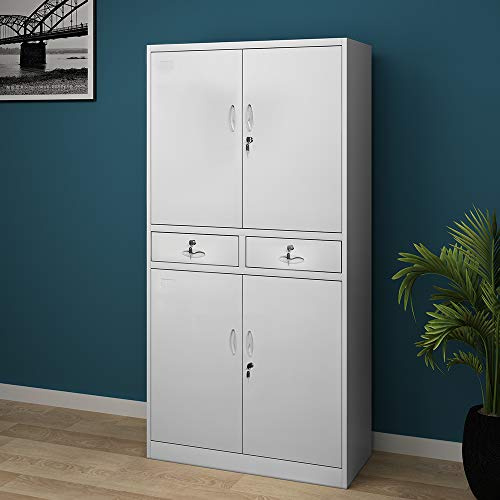 Panana Metal Storage Cupboard 4 Door Office Tall Filing Cabinet Lock System with 2 Drawers and 2 Compartments H180 x L90 x D40 cm Gray