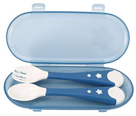 2Pcs Baby Utensils Spoon Fork, Portable Infant Feeding Training Food Fork Spoon Non‑Slip Baby Tableware Set with Travel Case for Weaning and Learning to Use Cutlery(Blue)