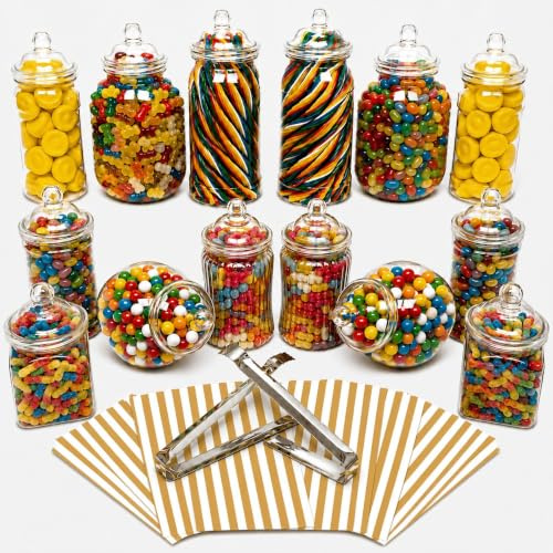 Truly Sweet Candy 14 Plastic Sweet Jars, 7 Styles, 2 Tongs and 50 Bags. Ideal for Party, Wedding, Sweet Table, Candy Buffet (Gold Candy Stripe Bags)