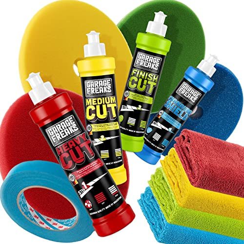 detailmate Garage Freaks Polierset: Garage Freaks Polituren - Heavy Cut - Medium Cut - Finish Cut - Carnauba Shield + 4 Garage Freaks Pads 150mm + 3M Abdeckband + 4 Mikrofasertücher 550GSM