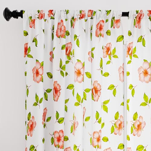 Encasa XO Polyester halbtransparent Gedruckt 140 cm W x 137 cm L Vorhänge mit Krawattenrücken 140x137 cm (4.5 ft), Hibiscus - 2 Packung - Nicht schrumpfen & maschinenwaschbar