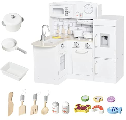HOMCOM Kids Play Kitchen Wooden Toy Kitchen Cooking Set for Children with Drinking Fountain, Microwave, and Fridge White