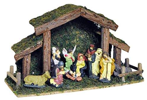 Marco Paul Traditional Nativity Scene Christmas Ornaments - 38cm Hand-Painted Wooden Nativity Set with Resin Figurines - Christmas Village Sets for Home Decor, Window Decorations & Table Centrepiece