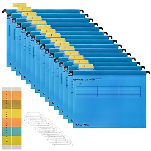 MerryNine FoolsCap Hängemappen für Kanzleipapier, Polypropylen, mit Registern und Karteneinsätzen, für Schule, Zuhause, Arbeit, Büro, Organisation (410 x 255 mm), Blau, 15 Stück
