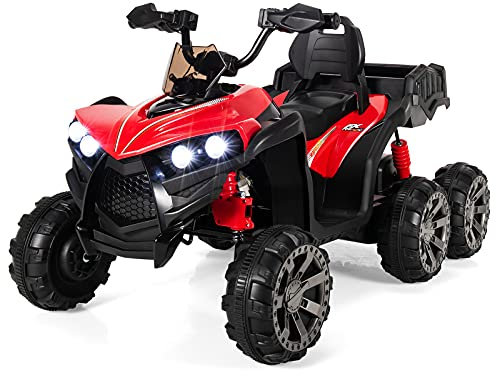 COSTWAY 6 Wheels Kids Electric ATV, 12V Battery Powered Vehicle with 4 Motors, Back Trunk, LED Lights, Music, Story, USB, Ride on Car Quad for Boys Girls (Red)