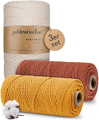 goldmariechen Premium Makramee Garn 3er Set (Naturell, Terracotta, Safran) | 3mm | 100% Baumwolle | plastikfreie Verpackung | Makramee Baumwollgarn für DIY Handwerk