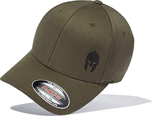 Baddery Gorra de gimnasio Flexfit – Sparta Helm – Gorra espartán bordada para hombre y mujer, verde oliva, S-M