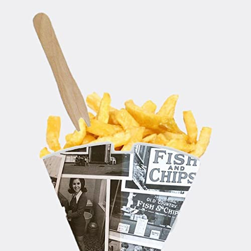 LGT 50 x Newspaper Design Chip Cones/Holders with 50 x Wooden Chip Forks. Recyclable. Disposable. Food Safe. Fun Design, Grey
