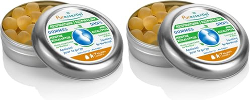 Puressentiel - Respiratoire - Gommes Menthe Eucalyptus à l'Huile Essentielle de Menthe - Apaisant pour la gorge - Sans sucre - 45 g (Lot de 2)