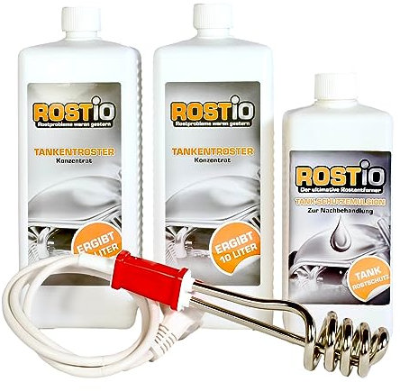 Rostio Tankentroster-Set 2L – inkl. Tank-Schutzemulsion 500 ml + Tauchsieder & 500ml Tankreiniger – hochergiebig (1:10) – für Tanks bis 20L – Rostentferner & Korrosionsschutz – Tanksanierungs-Set