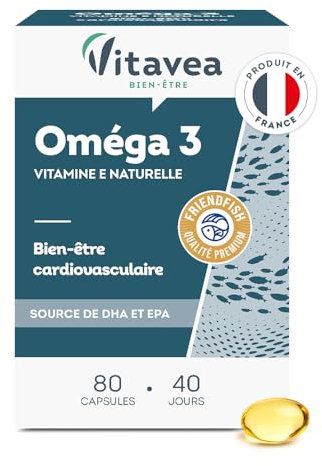 VITAVEA BIEN-ETRE - Omega 3 Vitamine E Naturelle - Huile de Poissons Sauvages Qualité Premium - Source d'EPA et DHA - Bien-être cardiovasculaire - 80 Capsules - 40 jours - Fabriqué en France