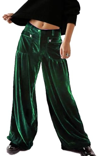 Womens Elastic Waist Cargo Velvet Trousers Casual Mid Waist Velvet Jogger Ankle Tie Balloon Pants Green