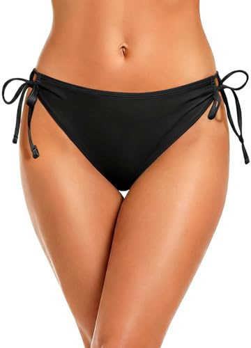 Zmart String Tie Side Bikini Bottoms - Women Full Coverage Swimsuit Bottom Mid Rise Mid Waist Swim Bathing Suit Bottom Black L