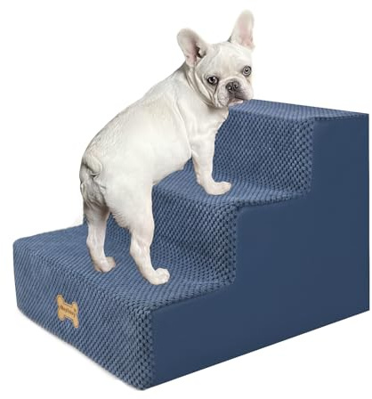 Nepfaivy Dog Steps for Bed and Sofa, 3-Step Dog Stairs for Small Dogs | Non-Slip Pet Stairs for Small Dogs and Cats, Dog Ramp for Sofa with High Density Foam and Removable Cover, 45x40x34cm, Blue