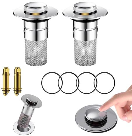 2 Stück Abflussstopfen Waschbecken, ​Haarsieb Waschbecken mit ​Edelstahl-Bodenabflusssieb, Pop-up Design mit Haarfänger,Schnellentwässerung für 34-40 mm Abflüsse (Küche, Bad, Waschbecken)