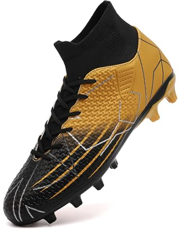 VTASQ Pojkar fotbollsskor barn gräs fotbollsskor professionella tonåringar friidrott sneakers utomhus halkfria träning fotbollsskor höga topp fotbollsskor spikar, Svart guld, 34.5 EU