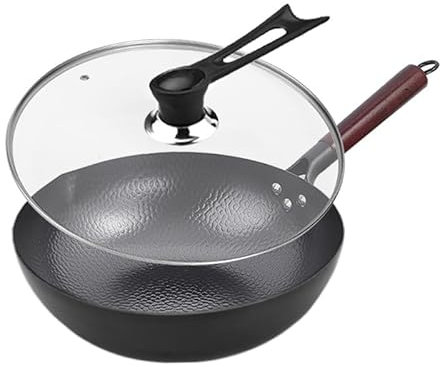 LIYGAOF Wok mit Deckel 32cm Gusseisen Wokpfannen: Wok für Alle Herdarten Geschmiedet Eisenpfanne Keine Chemische Beschichtung Rostfrei und Leicht Reinigen