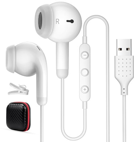 AIAUXAI USB Headset for PC Laptop, Wired USB Headphones with Microphone for Computer, In Ear Earphones Stereo Noise Cancelling Business Office Headsets for HP Dell Laptop for Surface Switch,White