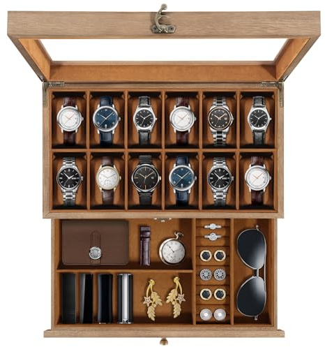 Uten Caja de Relojes con 12 Compartimentos, 2 Niveles Caja para Reloje Madera, Tapa de Vidrio y Almohada Algodón Seda, Forro Marrón, para Exhibición y Almacenamiento de Relojes Joyería