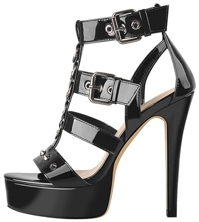 blingqueen Sandalo da donna con tacco alto, con borchie laccate, Pintura Nero, 44 EU