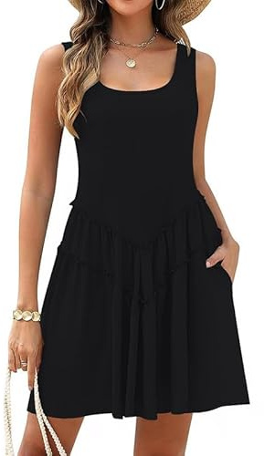 Satohom Women's Summer Dresses Casual U Collar Sundress Beach Dress with Pockets Solid Color Loose Sleeveless Swing Midi Dress V-Shaped Cotton Elastic Waist Elegant Dresses Plus Size S-XL Black