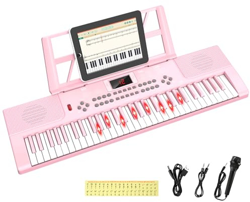 Electronic Keyboard Piano 61 Keys with LED Light, Shayson Portable Digital Pianos Music Keyboard with Microphone, Sheet Music Stand, Piano Note Stickers, Best Gift for Kids Beginners (Pink)