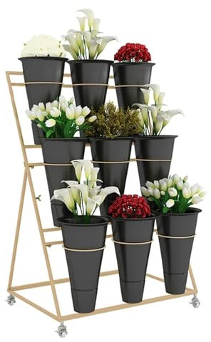 Expositor de Flores con Cubos de 9, 12 Y 16 Piezas, Carrito Móvil Resistente de 3 O 4 Capas para Plantas, Carrito Para Flores de Boda con Ruedas, Soporte Metálico para Plantas para Floristería(Negro,9