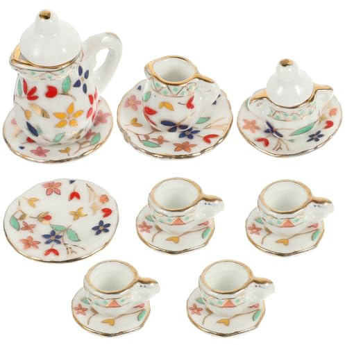 minkissy Ensemble De Thé Miniature Porcelaine 4 Tasses avec sous-Verres Et Pots Accessoires Miniatures pour Maison De Poupée Décoration Micro Dollhouse 1.34X1.10X0.71In