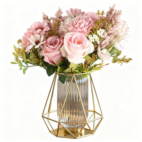 2 Mazzi Fiori Finti per Decorazioni, Mazzo di Rose Rosa Fiori Artificiali, Rose Finte per Decorazioni, Bouquet di Peonie Finte di Seta Finta per Composizioni da Tavola Casa Vasi da Matrimonio