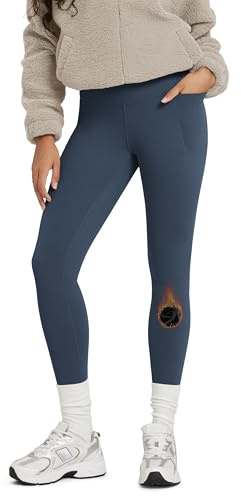 ODODOS Women's Thermal Bonded Fleece Lined 7/8 Leggings with Pockets - Thick Warm Winter Running Tights 25 High Waisted Yoga Pants, Navy, Medium