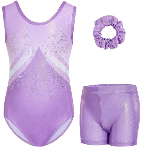 Gogokids Ensemble de Gymnastique Sans Manches pour Filles en Trois Pièces avec Short, Tenues de Gymnastique Scintillantes pour Enfants avec Strass et Design Croisé, Combinaisons Ballet pour âge 3-12