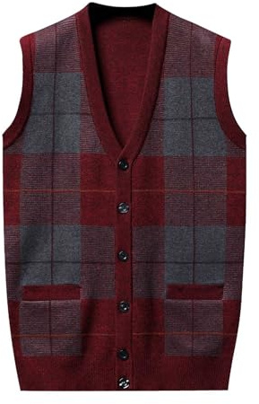 Chaleco de cuadros para hombre, con cuello en V, sin mangas, estilo casual y negocios, con botones, de punto, con abertura frontal, ropa para hombre, chaleco tejido, chaquetas, O rojo., XXL