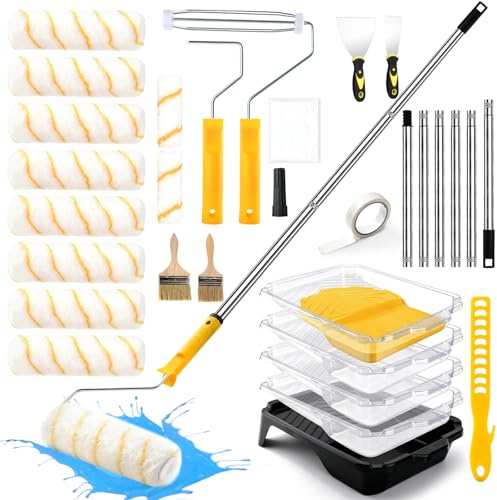 Kit de pintura profesional de 30 piezas – Set de rodillos para pintura con palanca telescópica 33-180cm, bandeja para pintura con almohadilla y accesorios completos de pintura