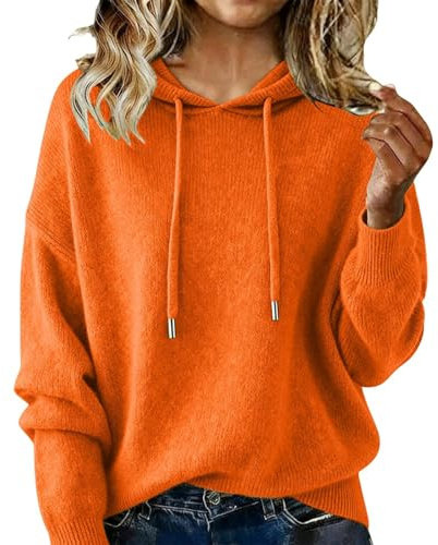 Fleece Hoodies Women UK, Ladies Jumpers Hooded Neck Knitted Long Sleeve Tops Plain Casual Thermal Ribbed Sweaters Wool Sweatshirt Fall Airport Outfits Pullover Sweaters Trendy Jumpers Orange